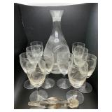 Etched Cordial glasses and Decanter