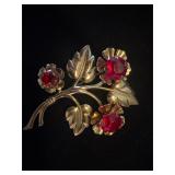 Vintage Large Red Rhinestone Gold Tone Brooch