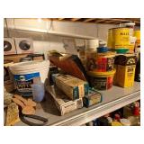 Shelf contents, oils, leather dye, degreaser etc