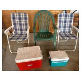 Fold up lawn chairs, and coolers