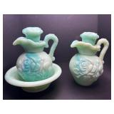 Vintage green slag glass, small pitcher and bowl