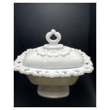 Vintage lace edge, milk, glass covered pedestal