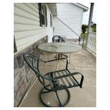 4 metal swivel patio chairs & table
