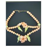 Vintage coral color  beaded floral necklace