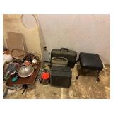 Stool, tool bag, shelf contents etc