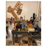 Vintage Vice, wooden work table and contents