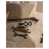 Vintage wrenches, wire stretcher, cattle lead etc