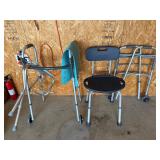 Shower chair, two rolling walkers