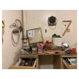 Work bench , contents, vintage gauges etc