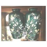 PAIR OF GREEN GLASS OVERLAY VASES, FLOWER DESIGN