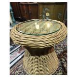 ROUND WICKER END  TABLE WITH GLASS TOP