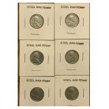 LOT OF 6 STEEL WAR PENNIES WHEAT 1943 P