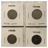 LOT OF 4  V  NICKELS VERY WORN 1900 1905 1906 1911