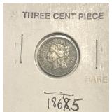 1865 THREE CENT PIECE COIN 1st YEAR ROMAN NUMERAL