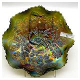 Fenton Emerald Peacock and Urn Bowl Ruffled