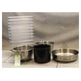 (10) Clear Food Pans, Sauce Pan, Colander & Pail