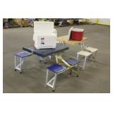 (2) Collapsable Picnic Tables & (2) Coolers