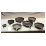 (6) Cast Iron Pans - Assorted Sizes (1) Enamel pan