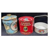 (3) Tins; Tobacco, Confections & Basket w/Handle