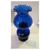 COBALT BLUE GLASS OIL LAMP W/ BLACK METAL HARDWARE