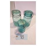 3 ANTIQUE BLUE CANNING JARS GLASS TOPS SEE DESC