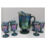 Vtg. Blue Harvest Carnival Glass Beverage Set -