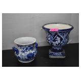 Two Blue & White Ceramic Flower Pots. One