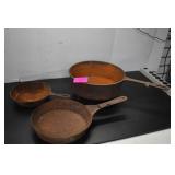 Two Cast Iron Pans & One Metal Skillet