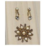 Vtg Dangle Clip Earrings & Brooch w/ Clear Stones