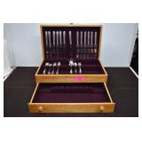 Large Wood Silverware Box With Contents