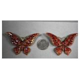 Two Red Rhinestone Butterfly Brooches