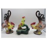 Three MCM Rooster and Cockatiel Pottery Pieces