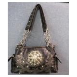Rustic Couture Black Leather Bag w/Rhinestones