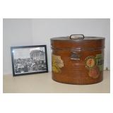 Vintage Metal Hat Box & Framed Ephemera