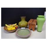 Wood Bowl w/Fruit, Stoneware Bowl & Two Ceramic
