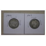 1904 & 1907 Barber Silver Quarters