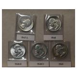 (5) Washington Silver Quarters 1947S to 1949 Mix