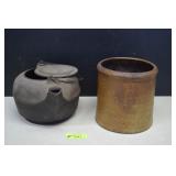 Cast Iron Coffee Pot & Stone Ware Crock