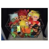 Wire Basket w/ Vtg Troll Dolls & More
