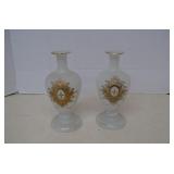 Vintage Frosted Art Glass Hand Painted Vases