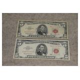 (2) 1963 $5 US Notes  Red Seals  Granahan/Dillon