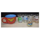 Wonder Woman Soup Mug & 5 Vintage Jelly Jars