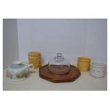 Lot Genuine Teak Cheese Tray, Longaberger Crocks &