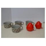 Set Of Vintage Stoneware Floral Mugs & Red Shakers