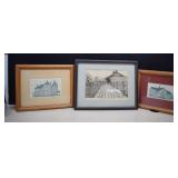 Three Framed Architectural Prints -One Is Marked