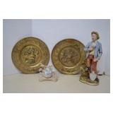 Lot Vintage Brass Wall Plates, Homco Man Gardner &