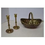 Vintage Brass Candlestick Holders & Brass Basket