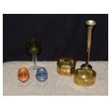 Two Brass Cricket Boxes, Bud Vase, Mini Glass Shot