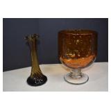 Vtg. Hand Blown Amber Swirl Bud Vase & Large Glass