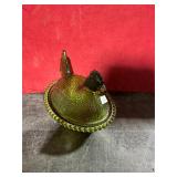 *VINT GREEN GLASS HEN ON THE NEST GLOWS
